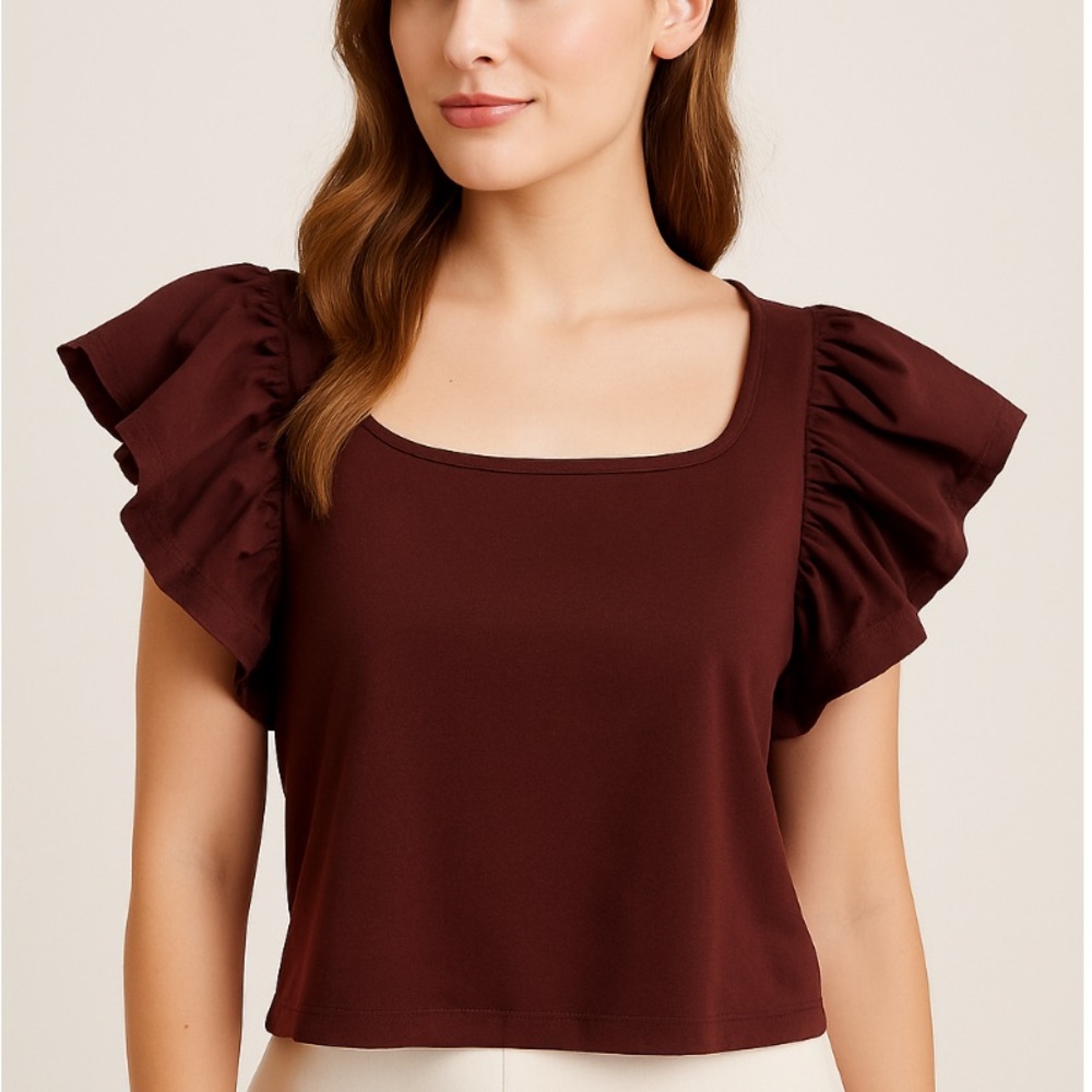 A new day Rich Brown Ruffle Sleeve Blouse
